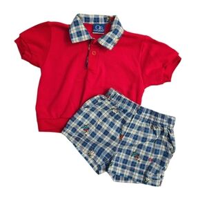 Vintage 1990s OP Ocean Pacific Red Polo Shirt, Blue Plaid Shorts, 2pc Set